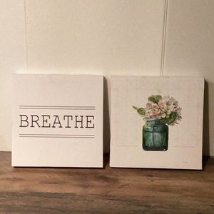 Inspirational wall art decor two signs BREATH and flowers in a jar